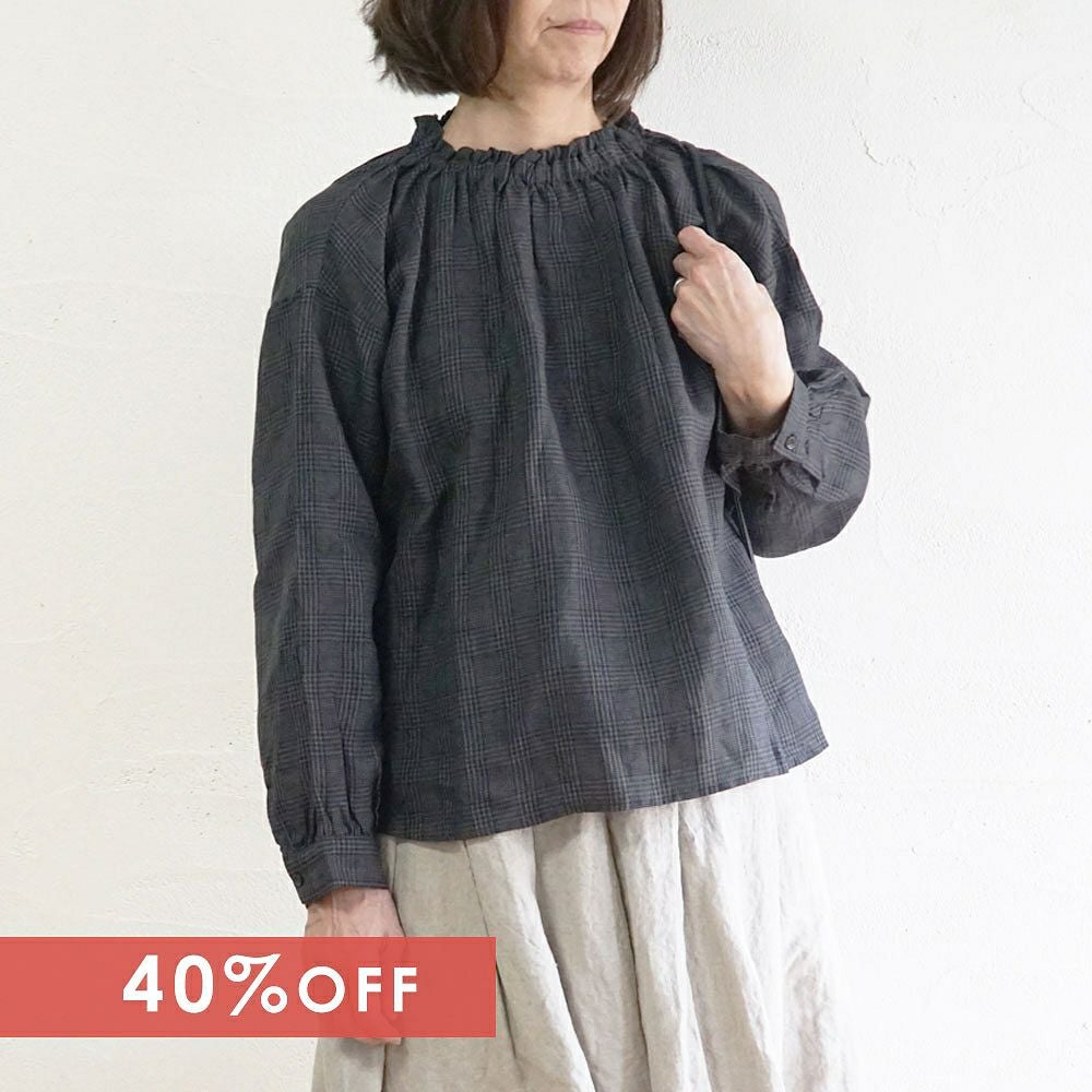 Branch m‘.,ブランチエム,ナチュラル,30代,40代,50代,60代,リネン,ゆったり,ブラウス,リネンブラウス,フリルブラウス,チェック,チェックブラウス,リボン,後リボン, 