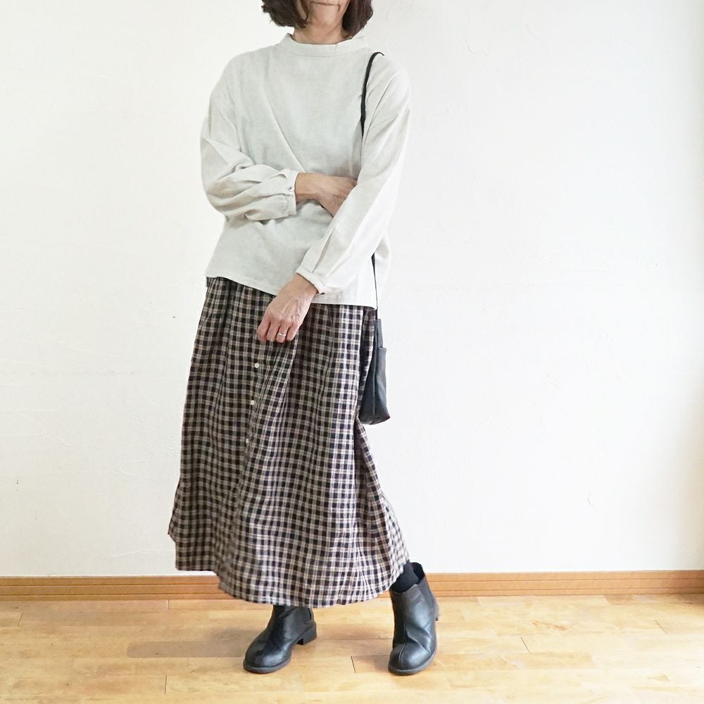 Branch m‘.,ブランチエム,ナチュラル,30代,40代,50代,60代,リネン,ゆったり,スカート,リネンスカート,チェックスカート,チェック,ギャザースカート,前ボタン, 