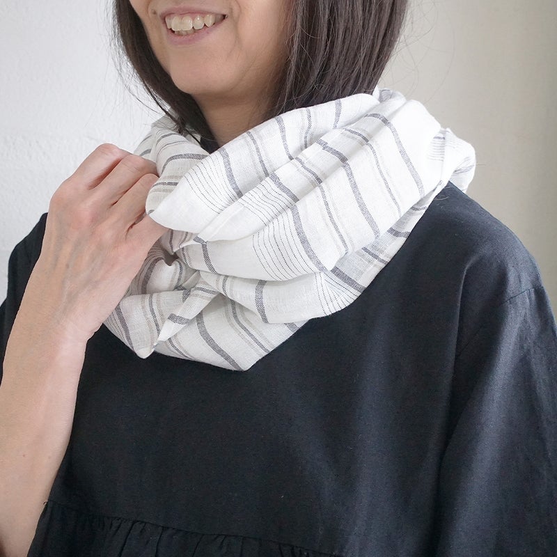 Branch m‘.,ブランチエム,ナチュラル,30代,40代,50代,60代,リネン,ゆったり,ストール,マフラー,スヌード,サークルストール,ボーダー,リネンストール 