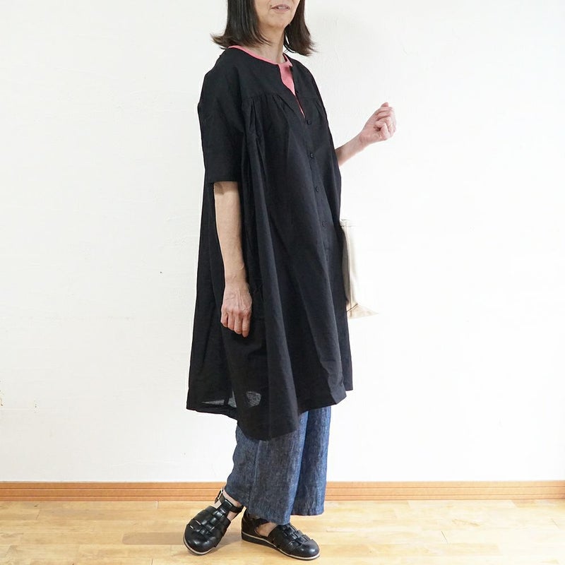 Branch m‘.,ブランチエム,ナチュラル,30代,40代,50代,60代,リネン,ゆったり,コットンリネン,コットン,綿麻,ワンピース,ギャザーワンピース,羽織ワンピース,５分袖,５分袖ワンピース,羽織