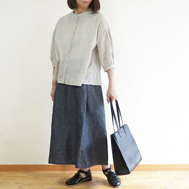 Branch m‘.,ブランチエム,ナチュラル,30代,40代,50代,60代,リネン,ゆったり,コットン,ブラウス,blouse,ギャザーブラウス,バンドカラー,バンドカラーブラウス,コットンリネン,コットンリネンブラウス,