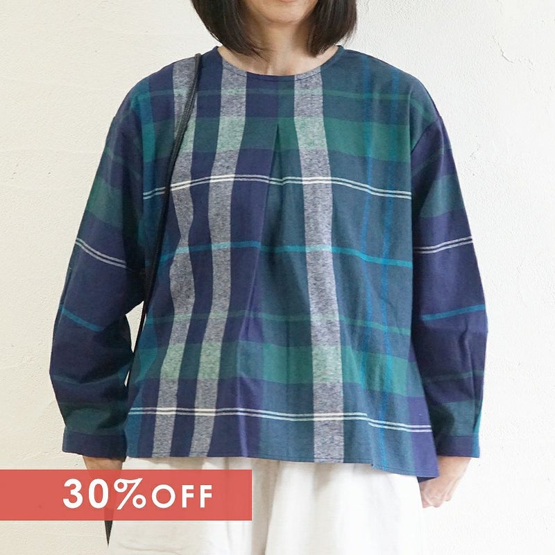 Branch m‘.,ブランチエム,ナチュラル,30代,40代,50代,60代,コットン,ゆったり,綿,チェック,チェック柄,チェックブラウス,プルオーバー,プルオーバーブラウス,タックブラウス