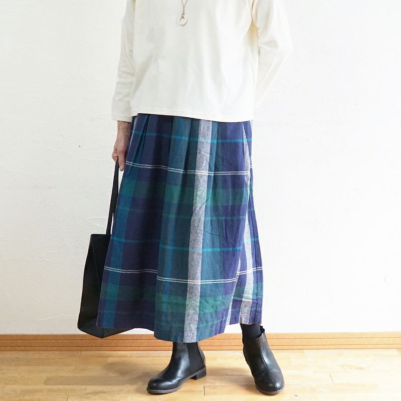 Branch m‘.,ブランチエム,ナチュラル,30代,40代,50代,60代,コットン,ゆったり,綿,チェック,チェック柄,チェックスカート,スカート,フレアスカート,タックスカート,