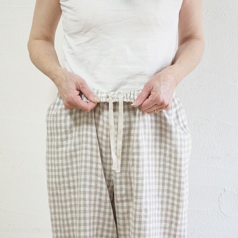 Branch m‘.,ブランチエム,ナチュラル,30代,40代,50代,60代,リネン,ゆったり,麻,pants,パンツ,テーパード,テーパードパンツ,リネンパンツ,ギンガムチェック,チェックパンツ,