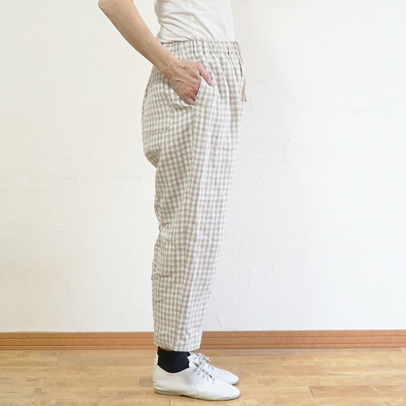 Branch m‘.,ブランチエム,ナチュラル,30代,40代,50代,60代,リネン,ゆったり,麻,pants,パンツ,テーパード,テーパードパンツ,リネンパンツ,ギンガムチェック,チェックパンツ,