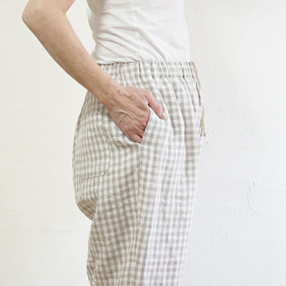 Branch m‘.,ブランチエム,ナチュラル,30代,40代,50代,60代,リネン,ゆったり,麻,pants,パンツ,テーパード,テーパードパンツ,リネンパンツ,ギンガムチェック,チェックパンツ,