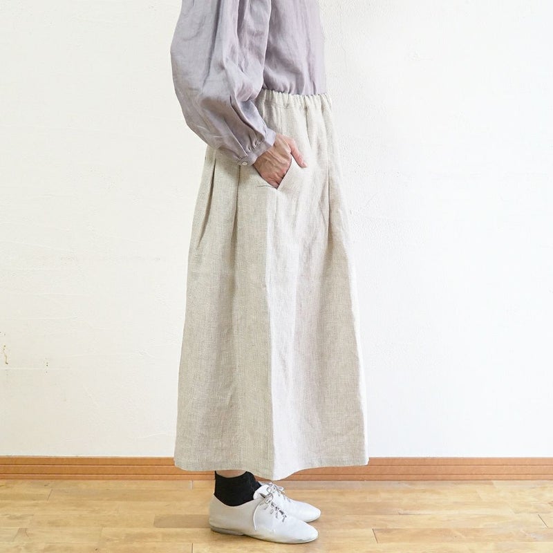 Branch m‘.,ブランチエム,ナチュラル,30代,40代,50代,60代,リネン,ゆったり,麻,スカート,リネンスカート,ギンガムチェック,チェックパンツ,タックスカート,