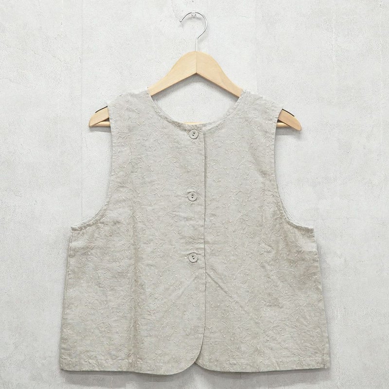 Branch m‘.,ブランチエム,ナチュラル,30代,40代,50代,60代,リネン,ゆったり,刺繍,刺繍ベスト,ベスト,2way,前後着用,2wayベスト