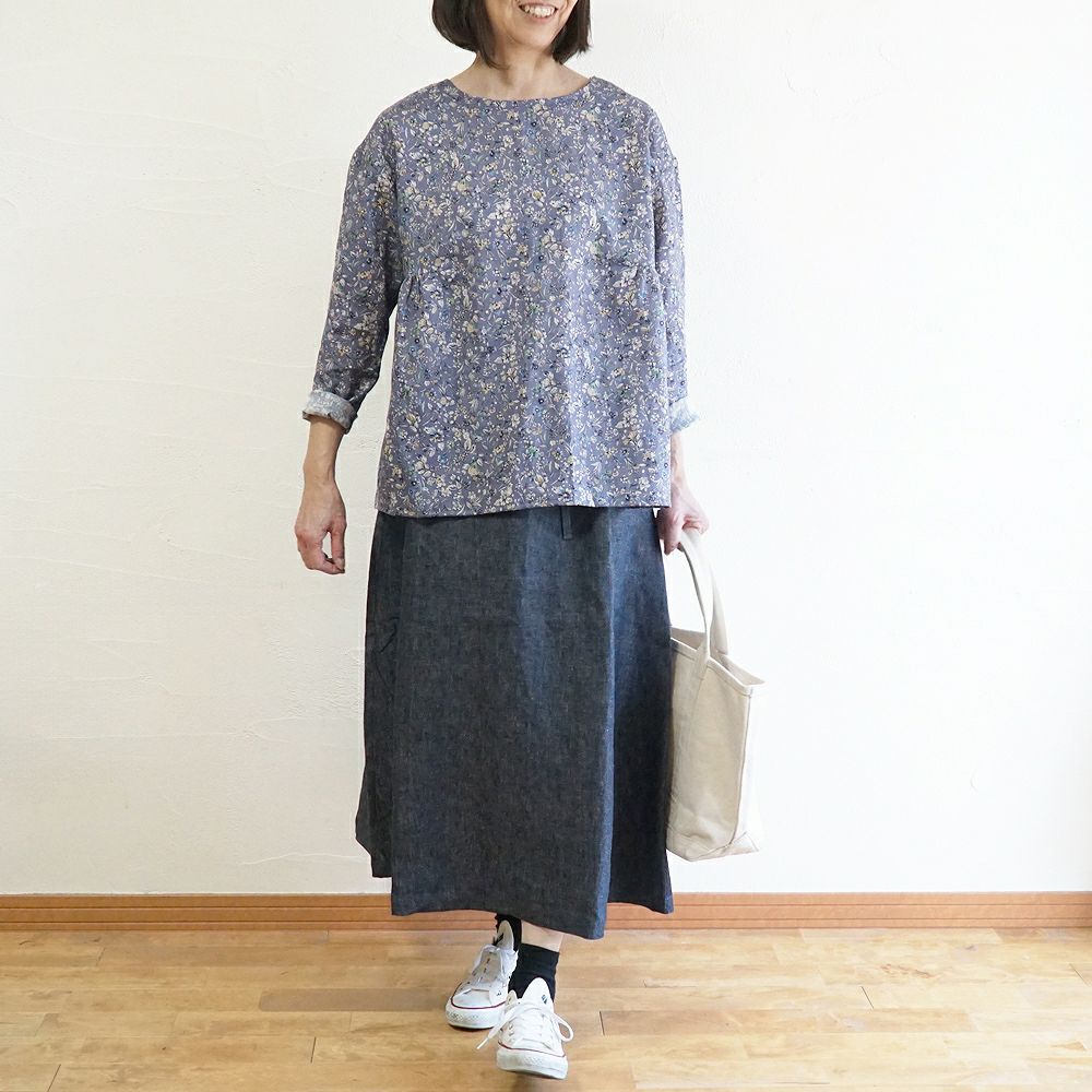 Branch m‘.,ブランチエム,ナチュラル,30代,40代,50代,60代,リネン,ゆったり, ブラウス,リネンブラウス,花柄,花柄ブラウス,2way,2wayブラウスノーカラーブラウス,ギャザーブラウ