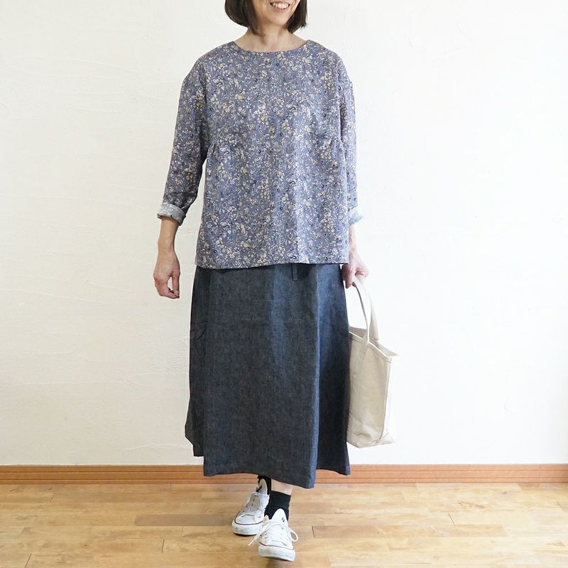 Branch m‘.,ブランチエム,ナチュラル,30代,40代,50代,60代,リネン,ゆったり, ブラウス,リネンブラウス,花柄,花柄ブラウス,2way,2wayブラウスノーカラーブラウス,ギャザーブラウ