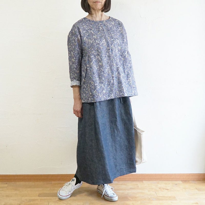 Branch m‘.,ブランチエム,ナチュラル,30代,40代,50代,60代,リネン,ゆったり, ブラウス,リネンブラウス,花柄,花柄ブラウス,2way,2wayブラウスノーカラーブラウス,ギャザーブラウ