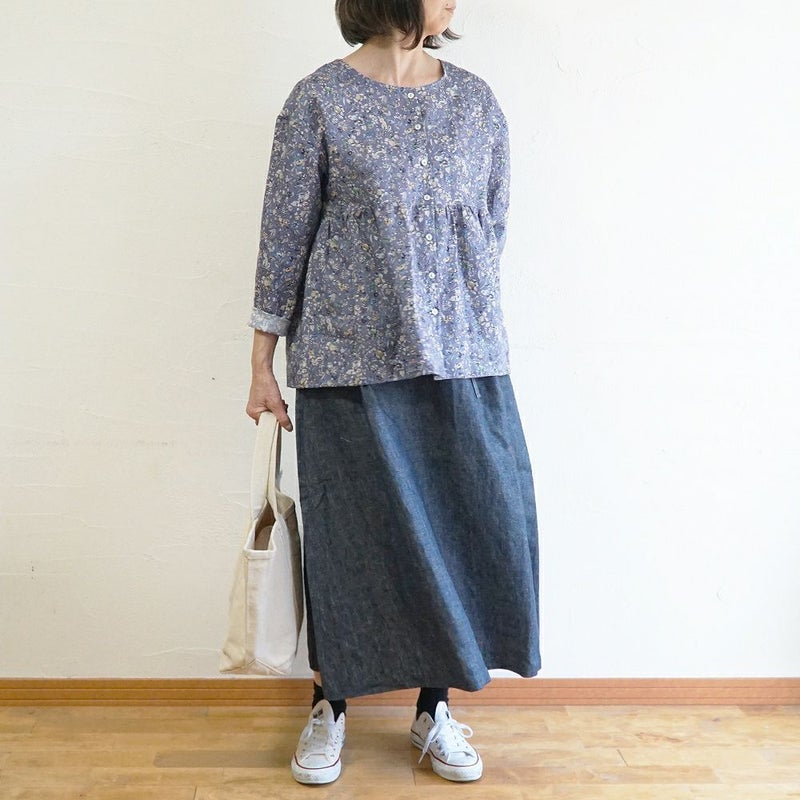 Branch m‘.,ブランチエム,ナチュラル,30代,40代,50代,60代,リネン,ゆったり, ブラウス,リネンブラウス,花柄,花柄ブラウス,2way,2wayブラウスノーカラーブラウス,ギャザーブラウ