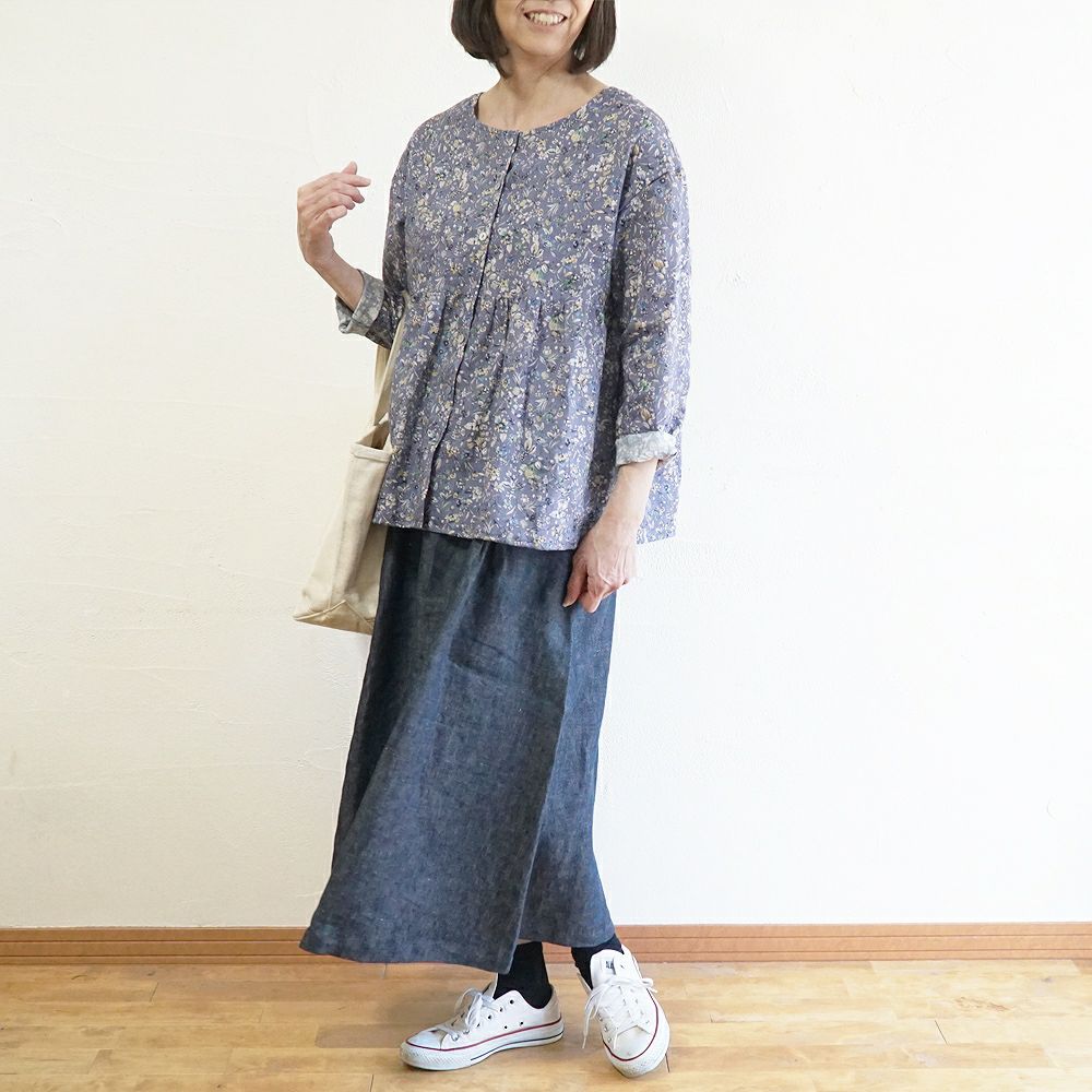 Branch m‘.,ブランチエム,ナチュラル,30代,40代,50代,60代,リネン,ゆったり, ブラウス,リネンブラウス,花柄,花柄ブラウス,2way,2wayブラウスノーカラーブラウス,ギャザーブラウ