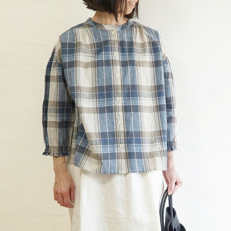 Branch m‘.,ブランチエム,ナチュラル,30代,40代,50代,60代,コットン,ゆったり,コットンリネン,blouse,ブラウス,チェック,チェック柄,チェックブラウス,ギャザーブラウス,コットンリネンブラウス