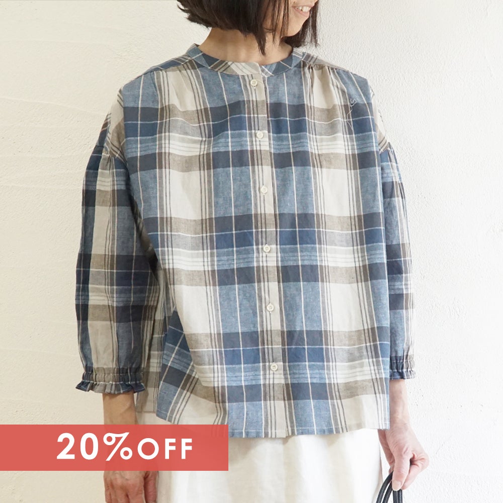 Branch m‘.,ブランチエム,ナチュラル,30代,40代,50代,60代,コットン,ゆったり,コットンリネン,blouse,ブラウス,チェック,チェック柄,チェックブラウス,ギャザーブラウス,コットンリネンブラウス