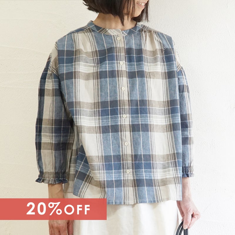 Branch m‘.,ブランチエム,ナチュラル,30代,40代,50代,60代,コットン,ゆったり,コットンリネン,blouse,ブラウス,チェック,チェック柄,チェックブラウス,ギャザーブラウス,コットンリネンブラウス