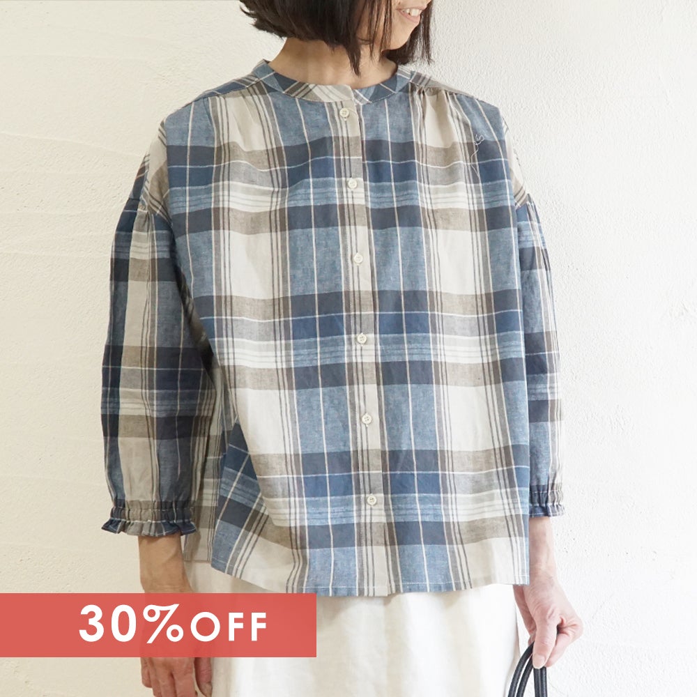 Branch m‘.,ブランチエム,ナチュラル,30代,40代,50代,60代,コットン,ゆったり,コットンリネン,blouse,ブラウス,チェック,チェック柄,チェックブラウス,ギャザーブラウス,コットンリネンブラウス