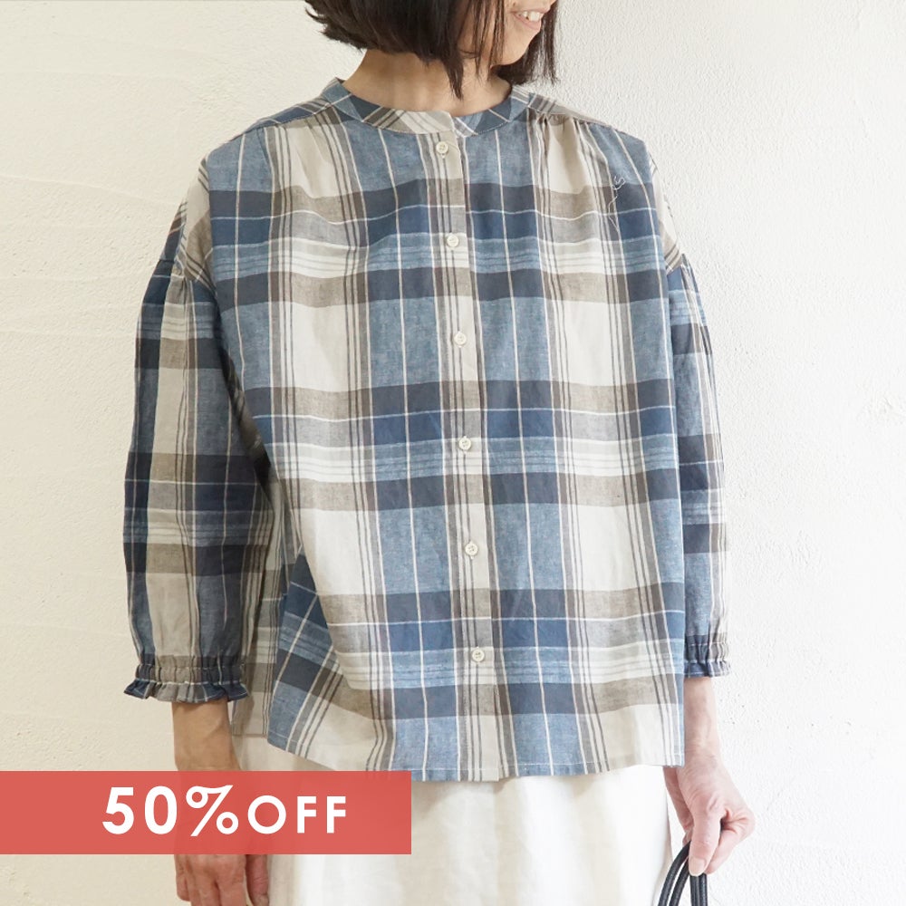 Branch m‘.,ブランチエム,ナチュラル,30代,40代,50代,60代,コットン,ゆったり,コットンリネン,blouse,ブラウス,チェック,チェック柄,チェックブラウス,ギャザーブラウス,コットンリネンブラウス