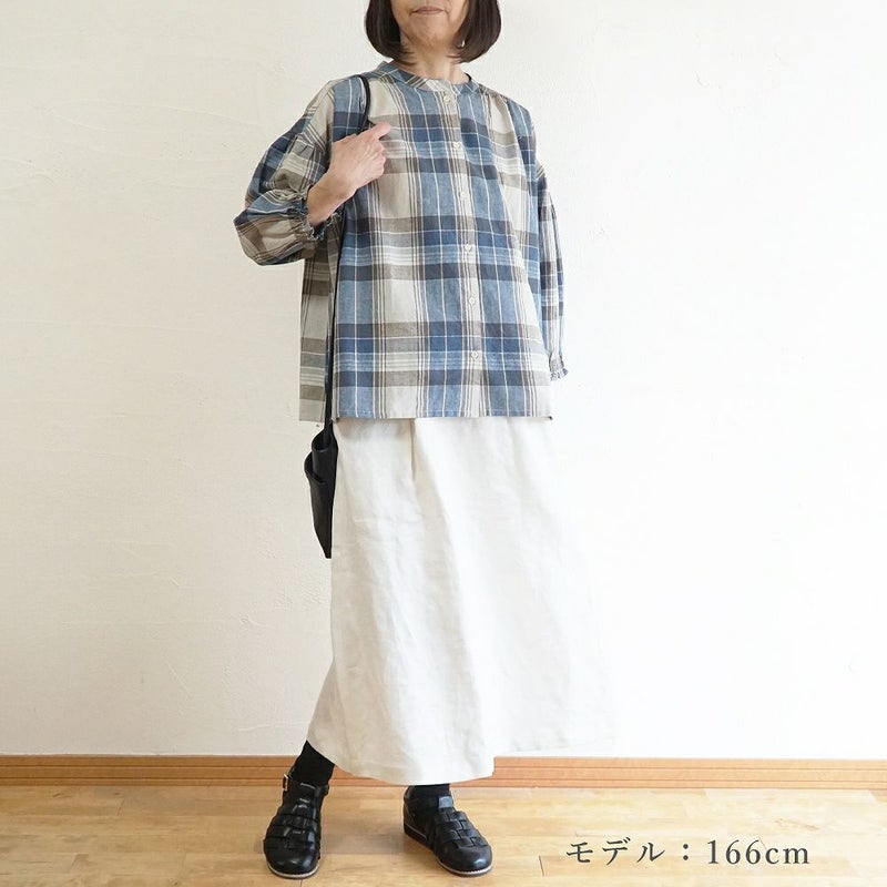 Branch m‘.,ブランチエム,ナチュラル,30代,40代,50代,60代,コットン,ゆったり,コットンリネン,blouse,ブラウス,チェック,チェック柄,チェックブラウス,ギャザーブラウス,コットンリネンブラウス