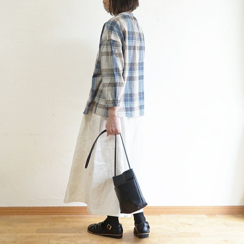 Branch m‘.,ブランチエム,ナチュラル,30代,40代,50代,60代,コットン,ゆったり,コットンリネン,blouse,ブラウス,チェック,チェック柄,チェックブラウス,ギャザーブラウス,コットンリネンブラウス