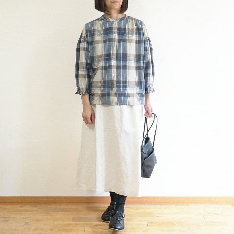 Branch m‘.,ブランチエム,ナチュラル,30代,40代,50代,60代,コットン,ゆったり,コットンリネン,blouse,ブラウス,チェック,チェック柄,チェックブラウス,ギャザーブラウス,コットンリネンブラウス