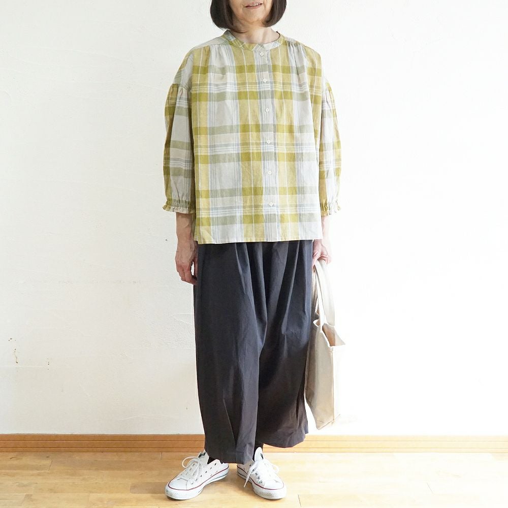 Branch m‘.,ブランチエム,ナチュラル,30代,40代,50代,60代,コットン,ゆったり,コットンリネン,blouse,ブラウス,チェック,チェック柄,チェックブラウス,ギャザーブラウス,コットンリネンブラウス