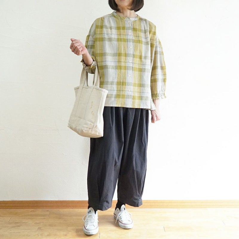 Branch m‘.,ブランチエム,ナチュラル,30代,40代,50代,60代,コットン,ゆったり,コットンリネン,blouse,ブラウス,チェック,チェック柄,チェックブラウス,ギャザーブラウス,コットンリネンブラウス
