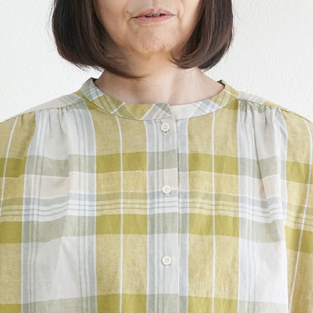 Branch m‘.,ブランチエム,ナチュラル,30代,40代,50代,60代,コットン,ゆったり,コットンリネン,blouse,ブラウス,チェック,チェック柄,チェックブラウス,ギャザーブラウス,コットンリネンブラウス