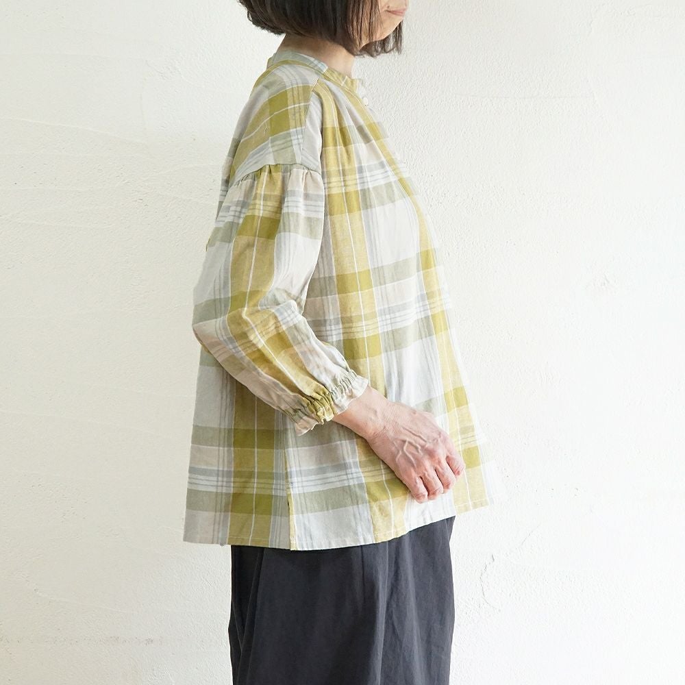 Branch m‘.,ブランチエム,ナチュラル,30代,40代,50代,60代,コットン,ゆったり,コットンリネン,blouse,ブラウス,チェック,チェック柄,チェックブラウス,ギャザーブラウス,コットンリネンブラウス
