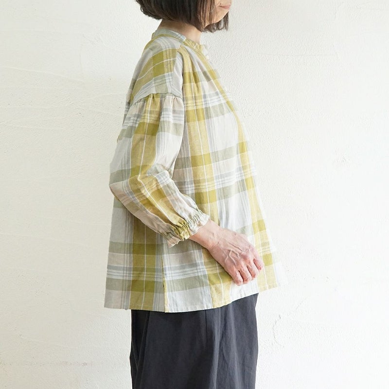 Branch m‘.,ブランチエム,ナチュラル,30代,40代,50代,60代,コットン,ゆったり,コットンリネン,blouse,ブラウス,チェック,チェック柄,チェックブラウス,ギャザーブラウス,コットンリネンブラウス