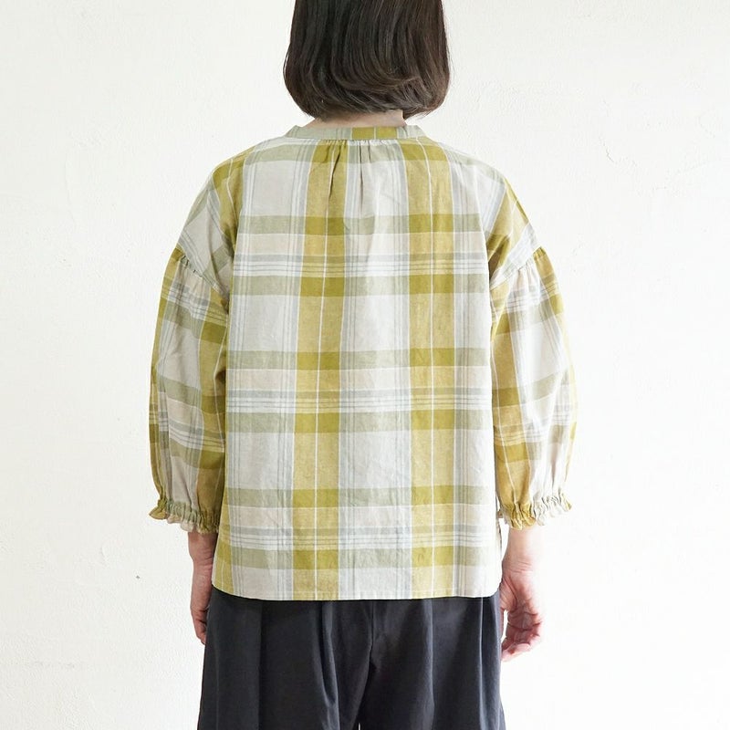 Branch m‘.,ブランチエム,ナチュラル,30代,40代,50代,60代,コットン,ゆったり,コットンリネン,blouse,ブラウス,チェック,チェック柄,チェックブラウス,ギャザーブラウス,コットンリネンブラウス