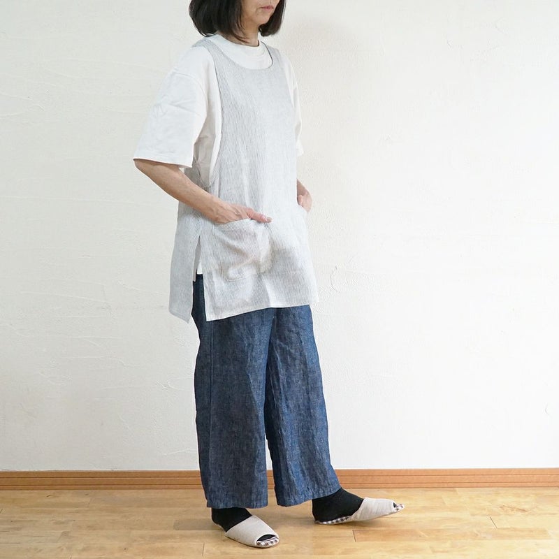 Branch m‘.,ブランチエム,ナチュラル,30代,40代,50代,60代,リネン,ゆったり,エプロン,リネンエプロン,ベスト,リネンベスト,ストライプ