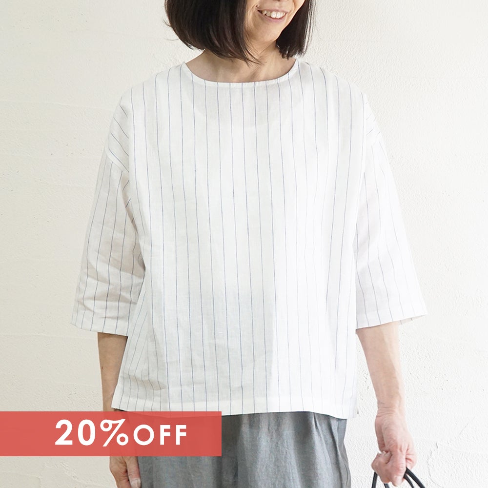 Branch m‘.,ブランチエム,ナチュラル,30代,40代,50代,60代,リネン,ゆったり,blouse,ブラウス,プルオーバー,リネンブラウス,リネンプルオーバー,ストライプブラウス,ストライプ,リネンストライプ,7分袖,7分袖ブラウス,