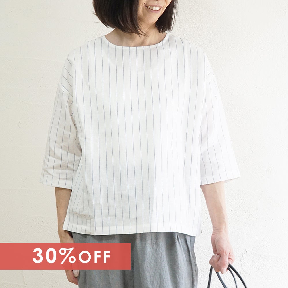 Branch m‘.,ブランチエム,ナチュラル,30代,40代,50代,60代,リネン,ゆったり,blouse,ブラウス,プルオーバー,リネンブラウス,リネンプルオーバー,ストライプブラウス,ストライプ,リネンストライプ,7分袖,7分袖ブラウス,