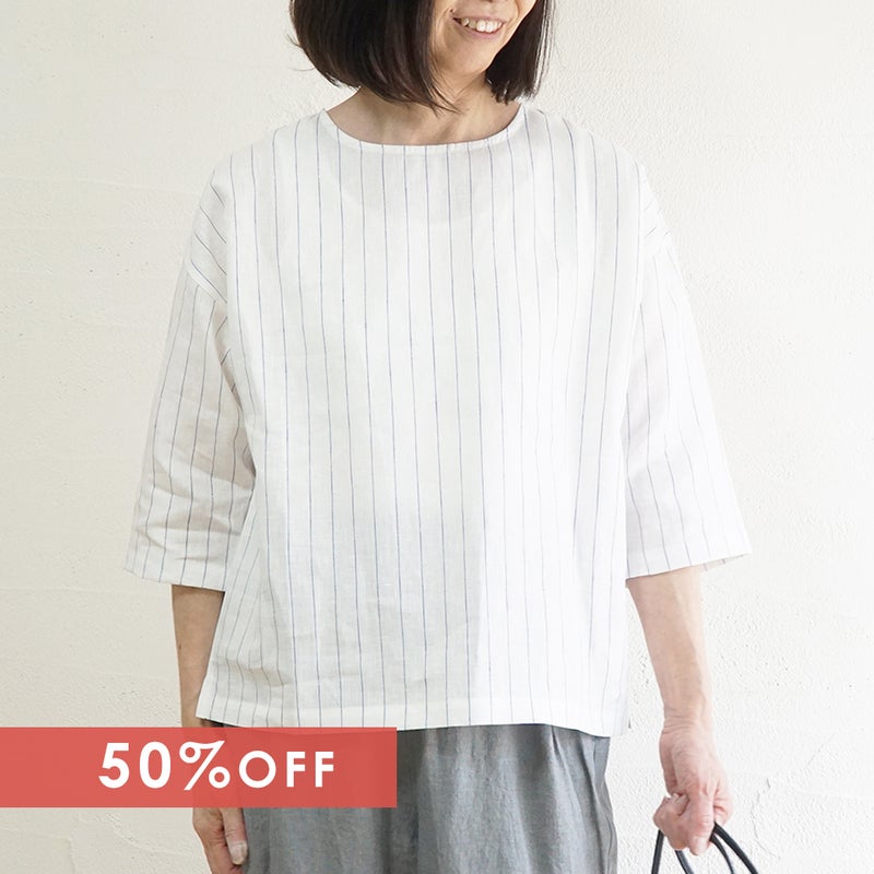Branch m‘.,ブランチエム,ナチュラル,30代,40代,50代,60代,リネン,ゆったり,blouse,ブラウス,プルオーバー,リネンブラウス,リネンプルオーバー,ストライプブラウス,ストライプ,リネンストライプ,7分袖,7分袖ブラウス,