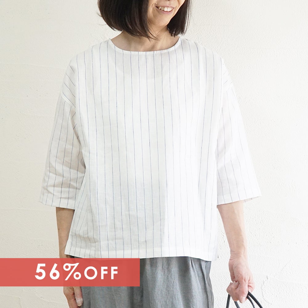 Branch m‘.,ブランチエム,ナチュラル,30代,40代,50代,60代,リネン,ゆったり,blouse,ブラウス,プルオーバー,リネンブラウス,リネンプルオーバー,ストライプブラウス,ストライプ,リネンストライプ,7分袖,7分袖ブラウス,