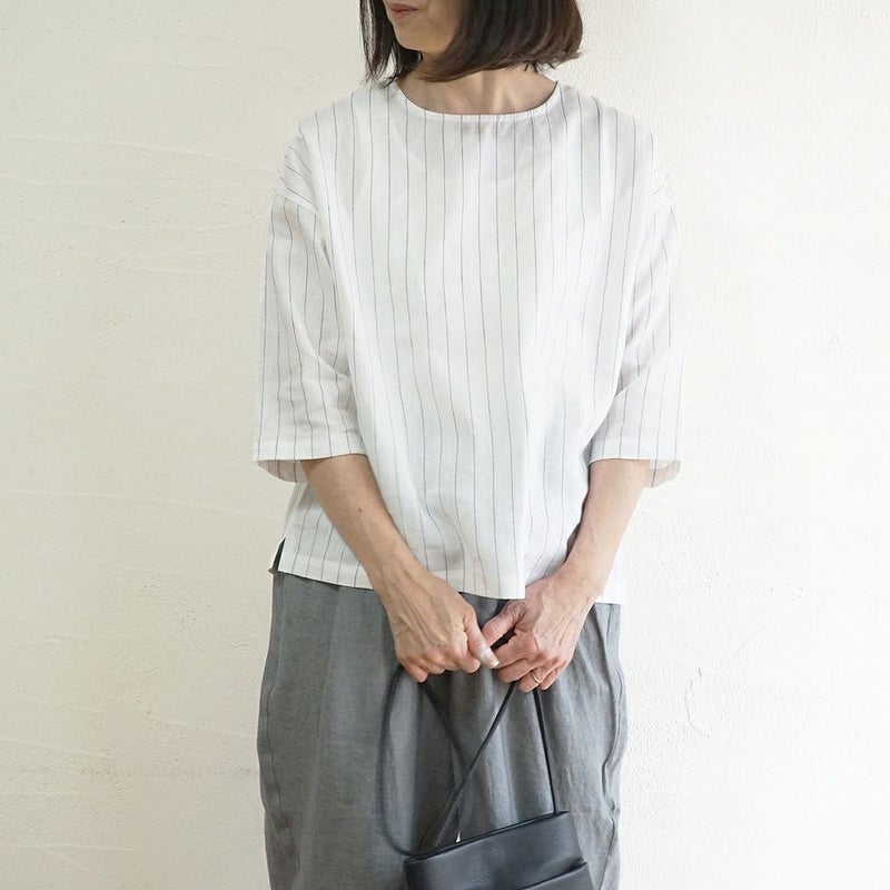 Branch m‘.,ブランチエム,ナチュラル,30代,40代,50代,60代,リネン,ゆったり,blouse,ブラウス,プルオーバー,リネンブラウス,リネンプルオーバー,ストライプブラウス,ストライプ,リネンストライプ,7分袖,7分袖ブラウス,