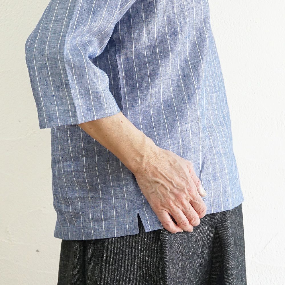 Branch m‘.,ブランチエム,ナチュラル,30代,40代,50代,60代,リネン,ゆったり,blouse,ブラウス,プルオーバー,リネンブラウス,リネンプルオーバー,ストライプブラウス,ストライプ,リネンストライプ,7分袖,7分袖ブラウス,