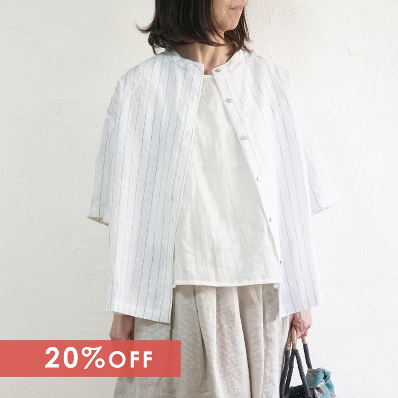 Branch m‘.,ブランチエム,ナチュラル,30代,40代,50代,60代,リネン,ゆったり,blouse,ブラウス,シャツ,リネンブラウス,リネンシャツ,ストライプブラウス,ストライプ,リネンストライプ,5分袖,5分袖ブラウス,５分袖シャツ,バンドカラー