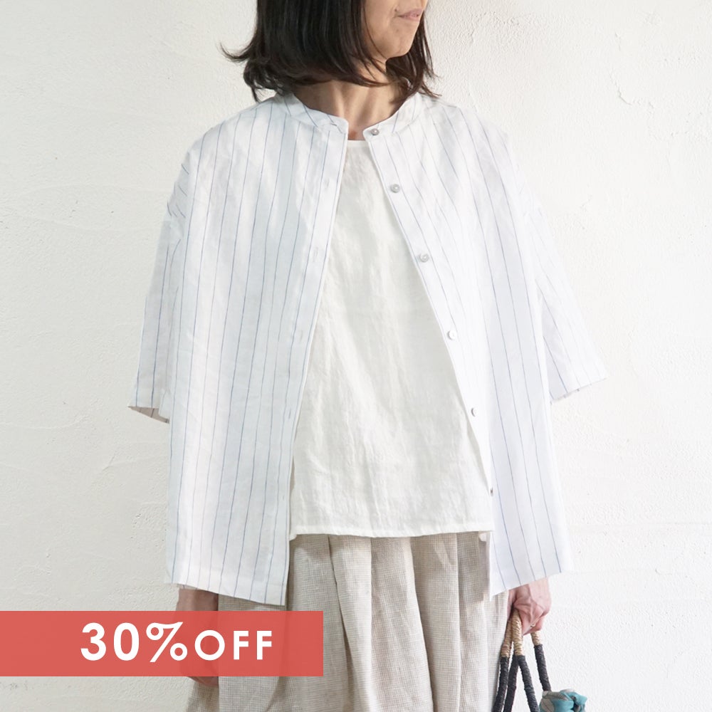 Branch m‘.,ブランチエム,ナチュラル,30代,40代,50代,60代,リネン,ゆったり,blouse,ブラウス,シャツ,リネンブラウス,リネンシャツ,ストライプブラウス,ストライプ,リネンストライプ,5分袖,5分袖ブラウス,５分袖シャツ,バンドカラー