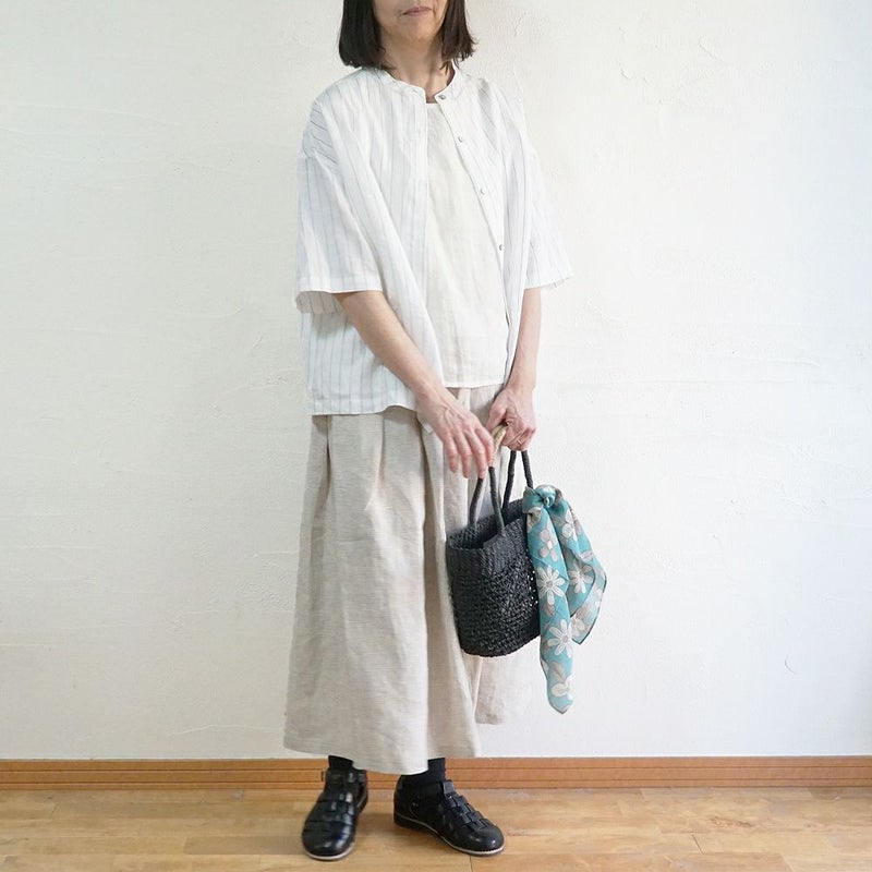Branch m‘.,ブランチエム,ナチュラル,30代,40代,50代,60代,リネン,ゆったり,blouse,ブラウス,シャツ,リネンブラウス,リネンシャツ,ストライプブラウス,ストライプ,リネンストライプ,5分袖,5分袖ブラウス,５分袖シャツ,バンドカラー