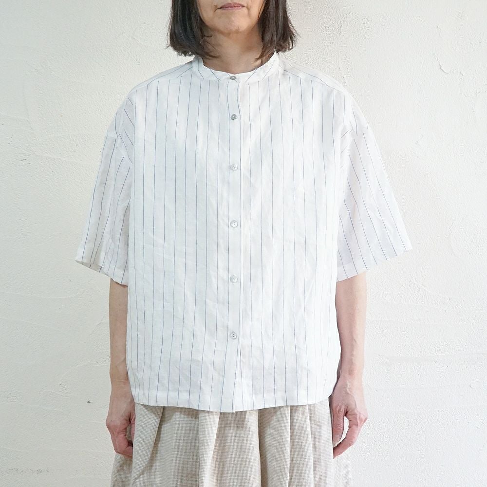 Branch m‘.,ブランチエム,ナチュラル,30代,40代,50代,60代,リネン,ゆったり,blouse,ブラウス,シャツ,リネンブラウス,リネンシャツ,ストライプブラウス,ストライプ,リネンストライプ,5分袖,5分袖ブラウス,５分袖シャツ,バンドカラー