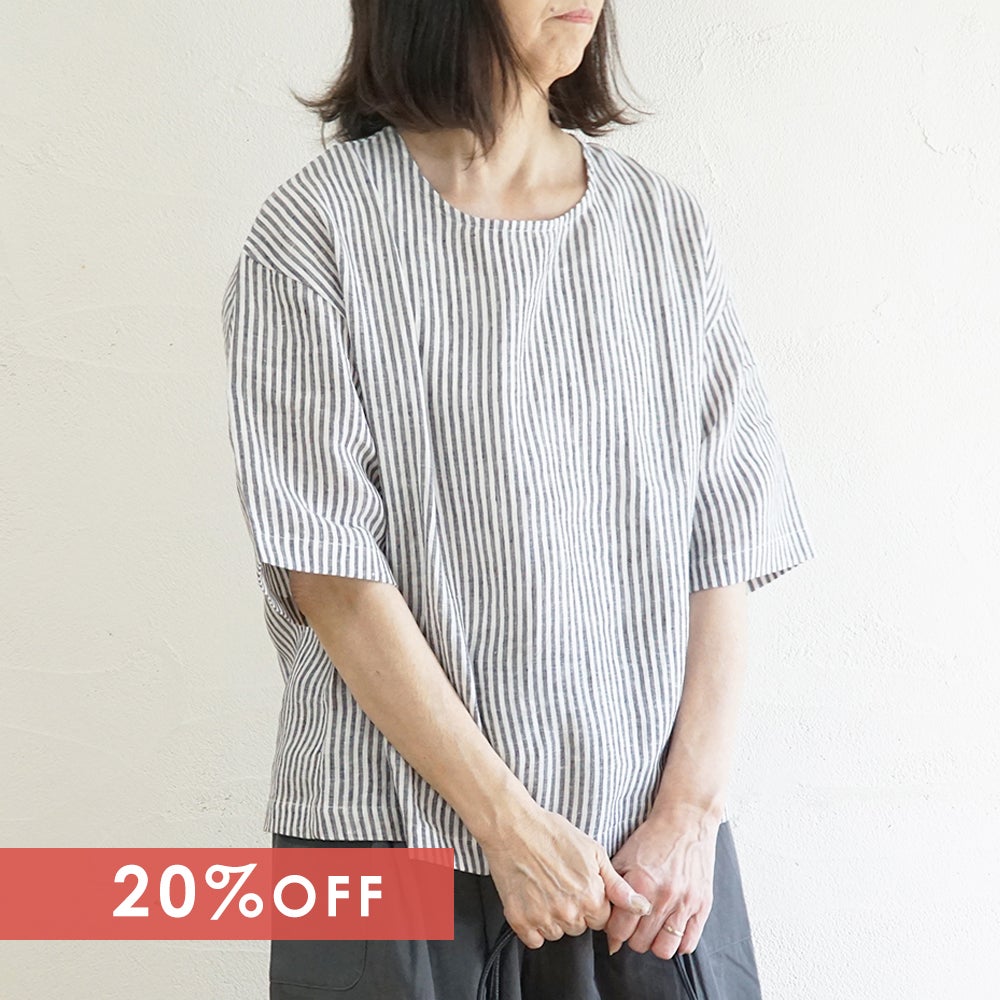 Branch m‘.,ブランチエム,ナチュラル,30代,40代,50代,60代,リネン,ゆったり,blouse,ブラウス,プルオーバー,５分袖プルオーバー,５分袖,ストライプ,ストライプブラウス,ストライプシャツ,リラックス,リラックスプルオーバー