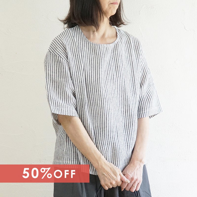 Branch m‘.,ブランチエム,ナチュラル,30代,40代,50代,60代,リネン,ゆったり,blouse,ブラウス,プルオーバー,５分袖プルオーバー,５分袖,ストライプ,ストライプブラウス,ストライプシャツ,リラックス,リラックスプルオーバー