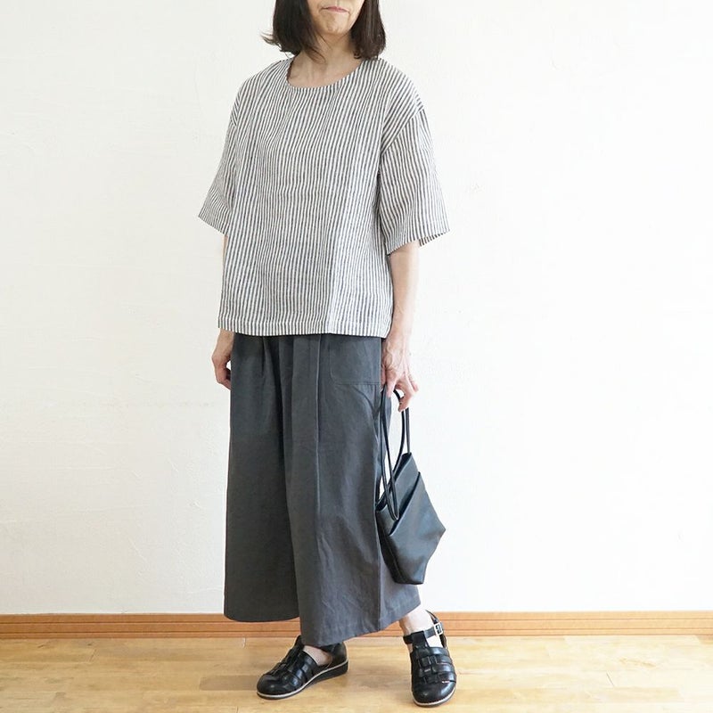 Branch m‘.,ブランチエム,ナチュラル,30代,40代,50代,60代,リネン,ゆったり,blouse,ブラウス,プルオーバー,５分袖プルオーバー,５分袖,ストライプ,ストライプブラウス,ストライプシャツ,リラックス,リラックスプルオーバー