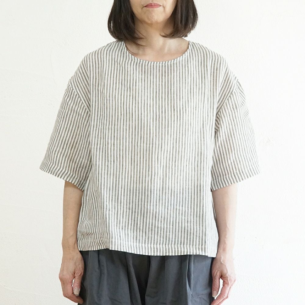 Branch m‘.,ブランチエム,ナチュラル,30代,40代,50代,60代,リネン,ゆったり,blouse,ブラウス,プルオーバー,５分袖プルオーバー,５分袖,ストライプ,ストライプブラウス,ストライプシャツ,リラックス,リラックスプルオーバー