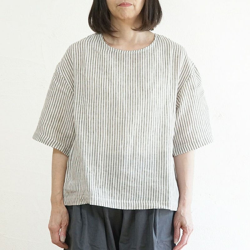 Branch m‘.,ブランチエム,ナチュラル,30代,40代,50代,60代,リネン,ゆったり,blouse,ブラウス,プルオーバー,５分袖プルオーバー,５分袖,ストライプ,ストライプブラウス,ストライプシャツ,リラックス,リラックスプルオーバー