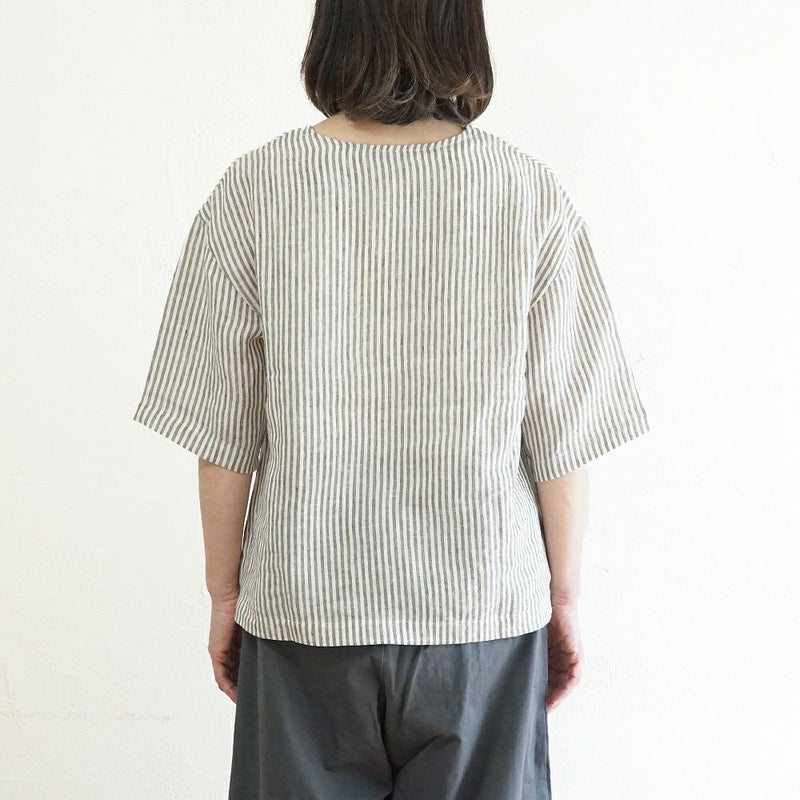 Branch m‘.,ブランチエム,ナチュラル,30代,40代,50代,60代,リネン,ゆったり,blouse,ブラウス,プルオーバー,５分袖プルオーバー,５分袖,ストライプ,ストライプブラウス,ストライプシャツ,リラックス,リラックスプルオーバー