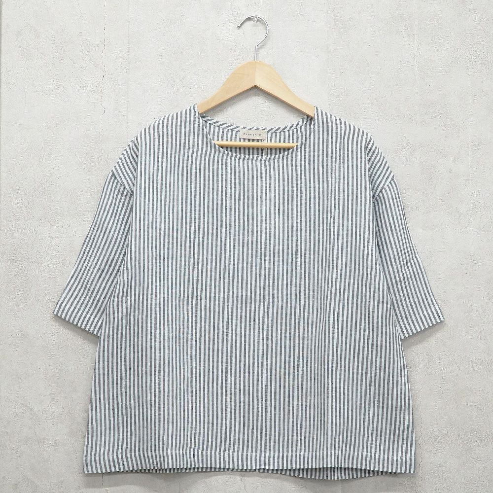 Branch m‘.,ブランチエム,ナチュラル,30代,40代,50代,60代,リネン,ゆったり,blouse,ブラウス,プルオーバー,５分袖プルオーバー,５分袖,ストライプ,ストライプブラウス,ストライプシャツ,リラックス,リラックスプルオーバー