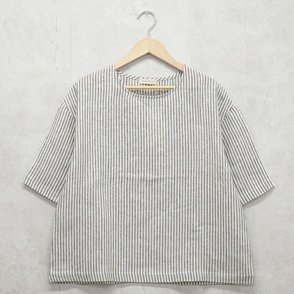 Branch m‘.,ブランチエム,ナチュラル,30代,40代,50代,60代,リネン,ゆったり,blouse,ブラウス,プルオーバー,５分袖プルオーバー,５分袖,ストライプ,ストライプブラウス,ストライプシャツ,リラックス,リラックスプルオーバー